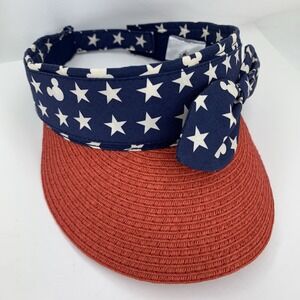 Disney Parks Visor Hat Star Mickey Mouse Bow Red White Blue Adjustable Beach Cap